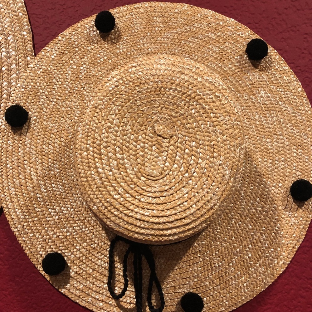Straw Beach Hat with black Pom Poms